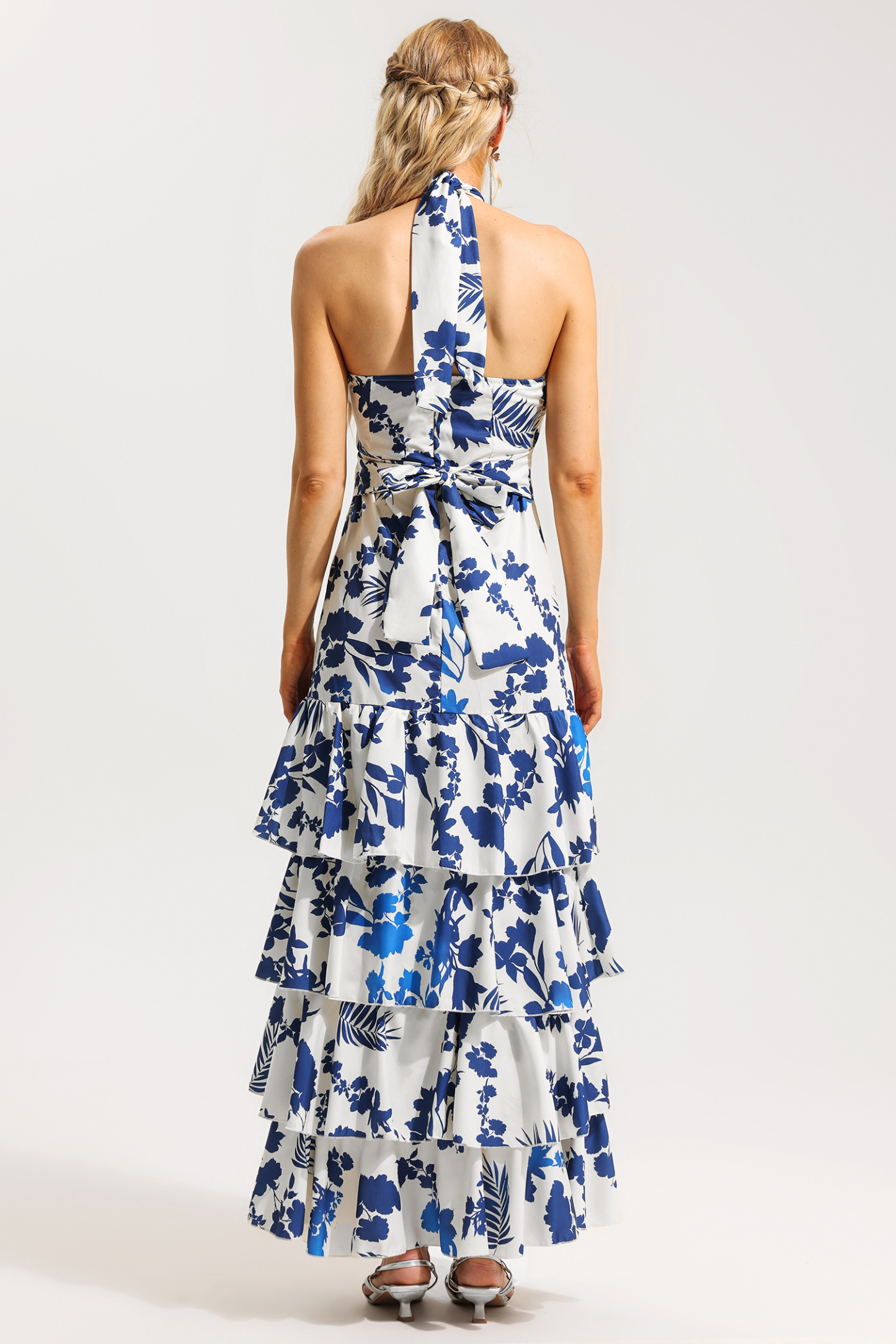 Sleeveless Halter Neck Lace Up Ruffle Hem Midi Dress