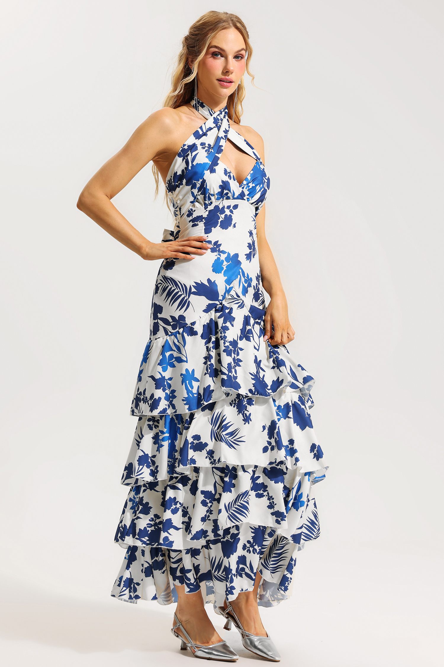 Sleeveless Halter Neck Lace Up Ruffle Hem Midi Dress