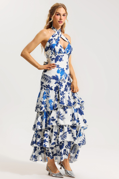 Sleeveless Halter Neck Lace Up Ruffle Hem Midi Dress