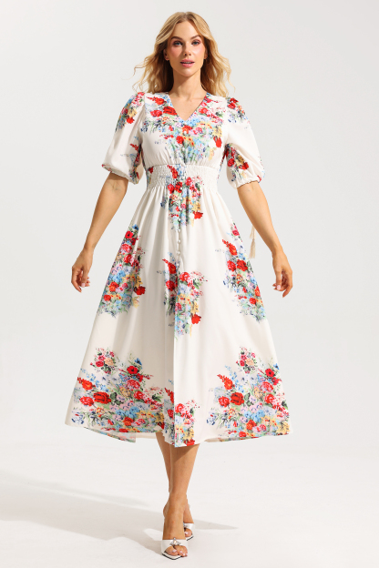 Floral Bottom Puff Sleeve Midi Dress