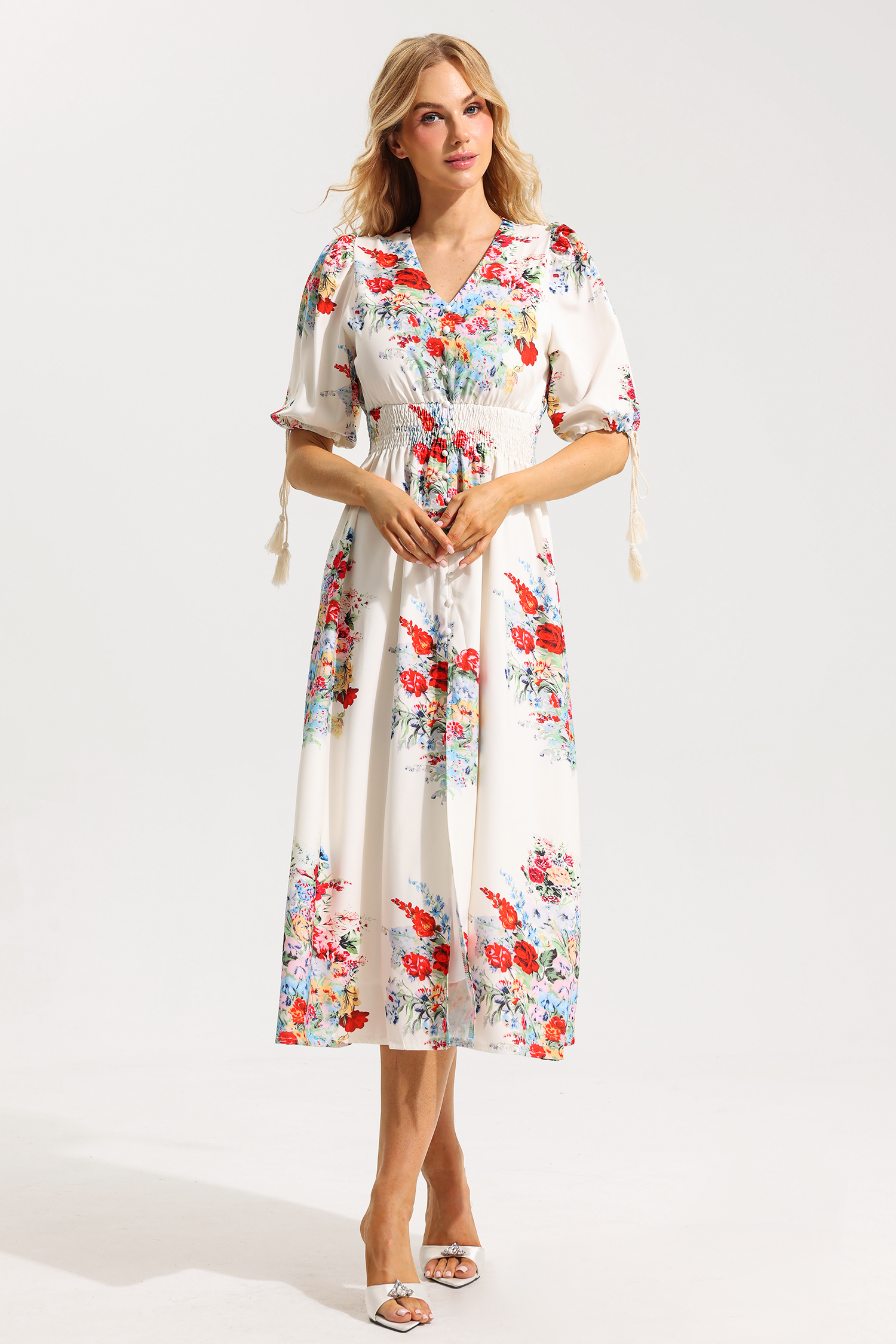 Floral Bottom Puff Sleeve Midi Dress