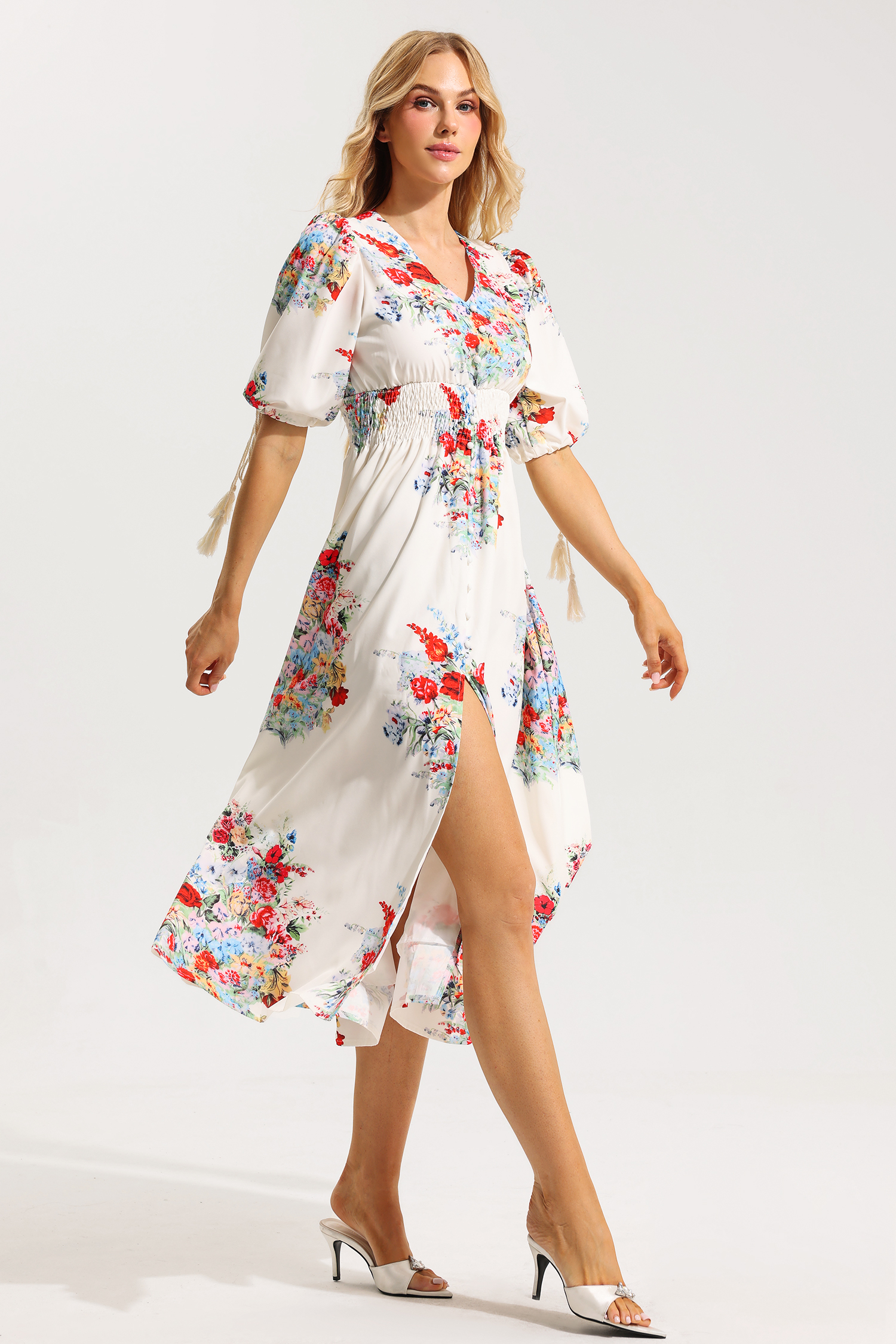 Floral Bottom Puff Sleeve Midi Dress
