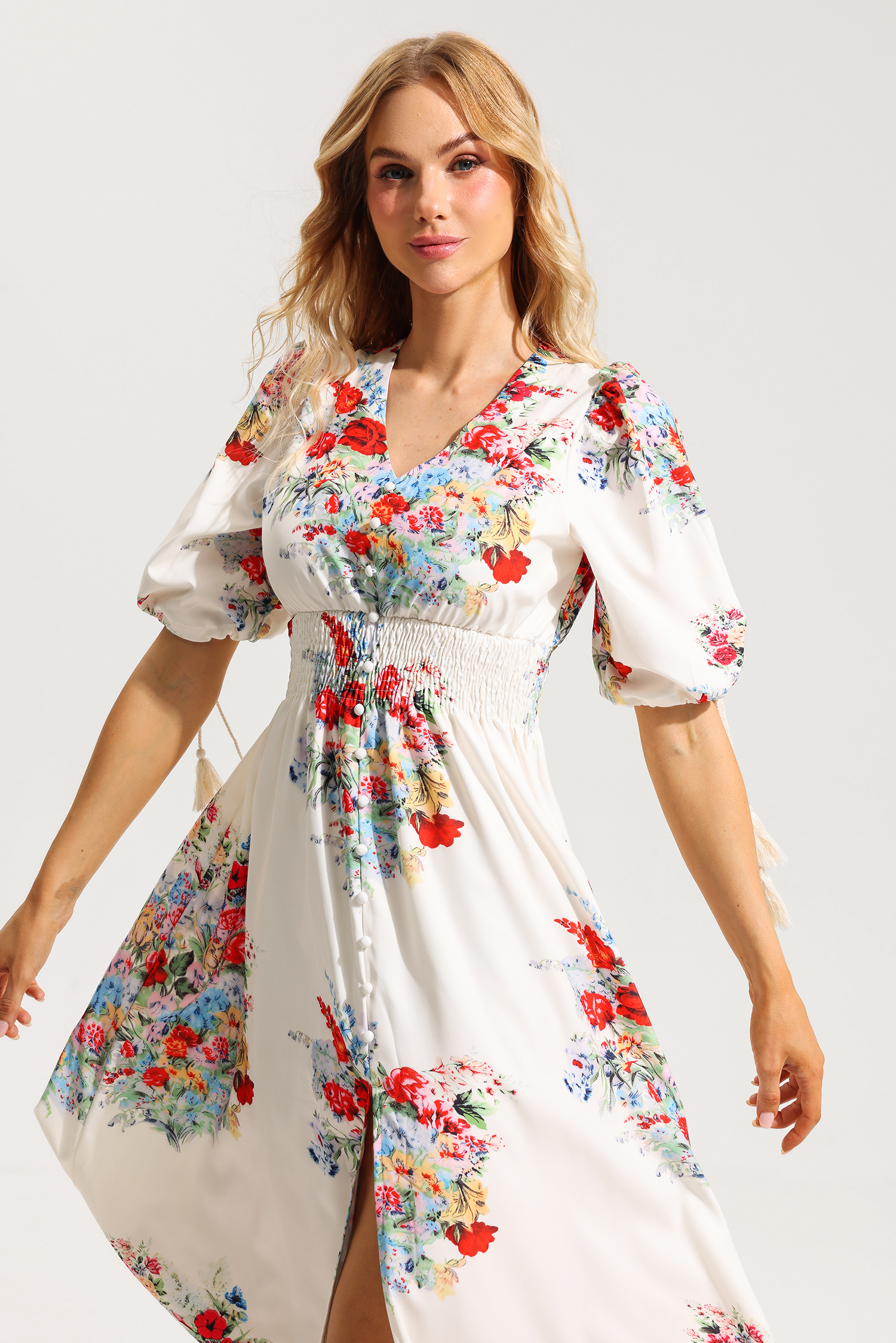 Floral Bottom Puff Sleeve Midi Dress
