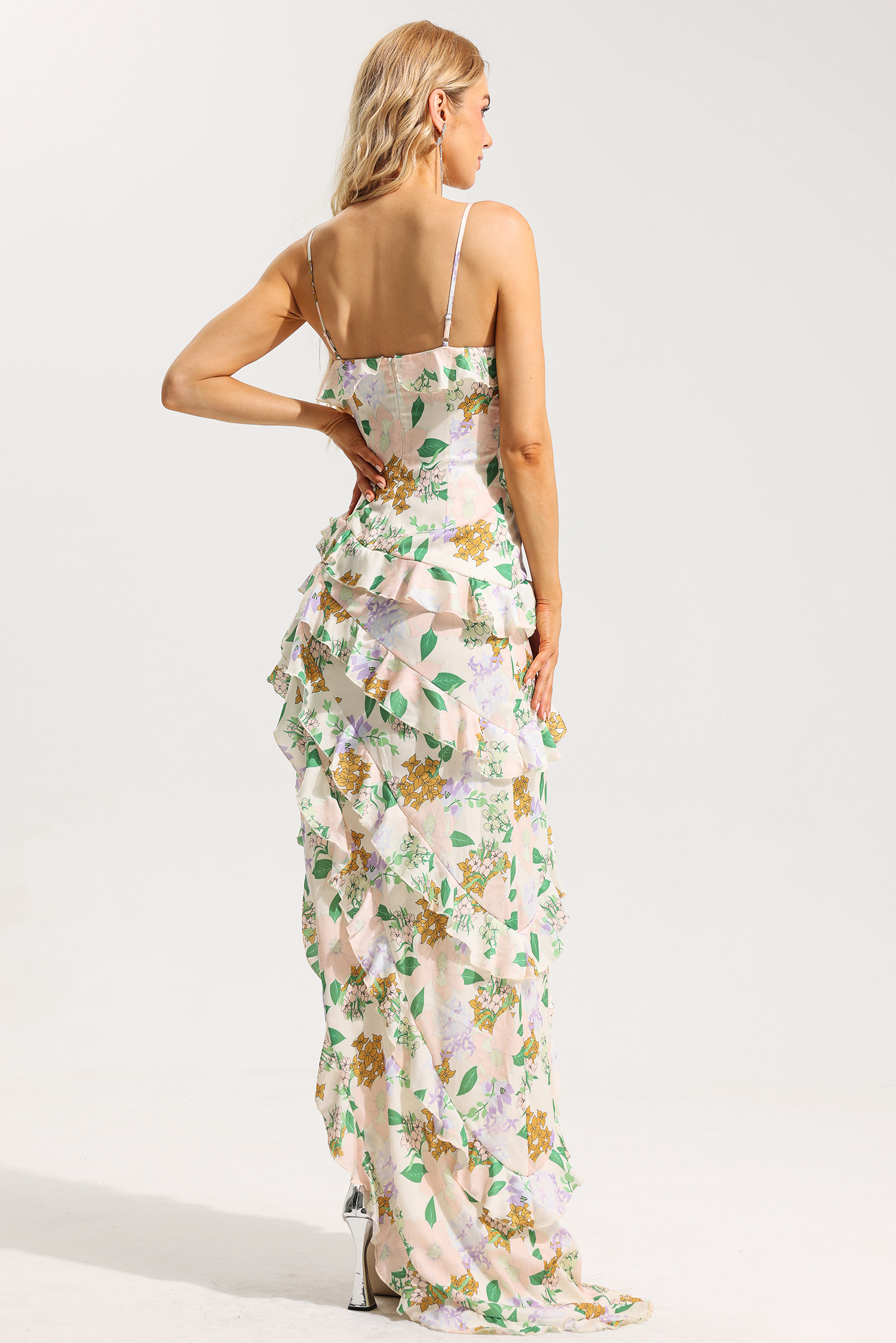Floral V-Neck Frill Slip Maxi Dress