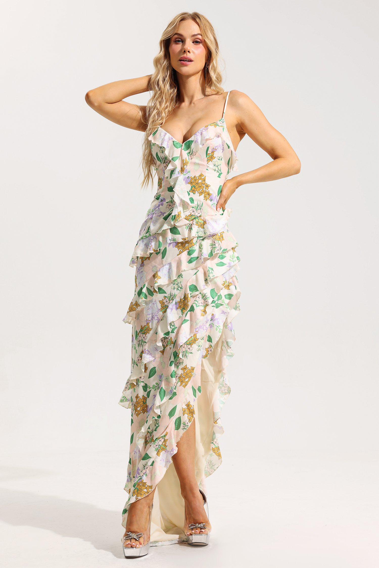 Floral V-Neck Frill Slip Maxi Dress
