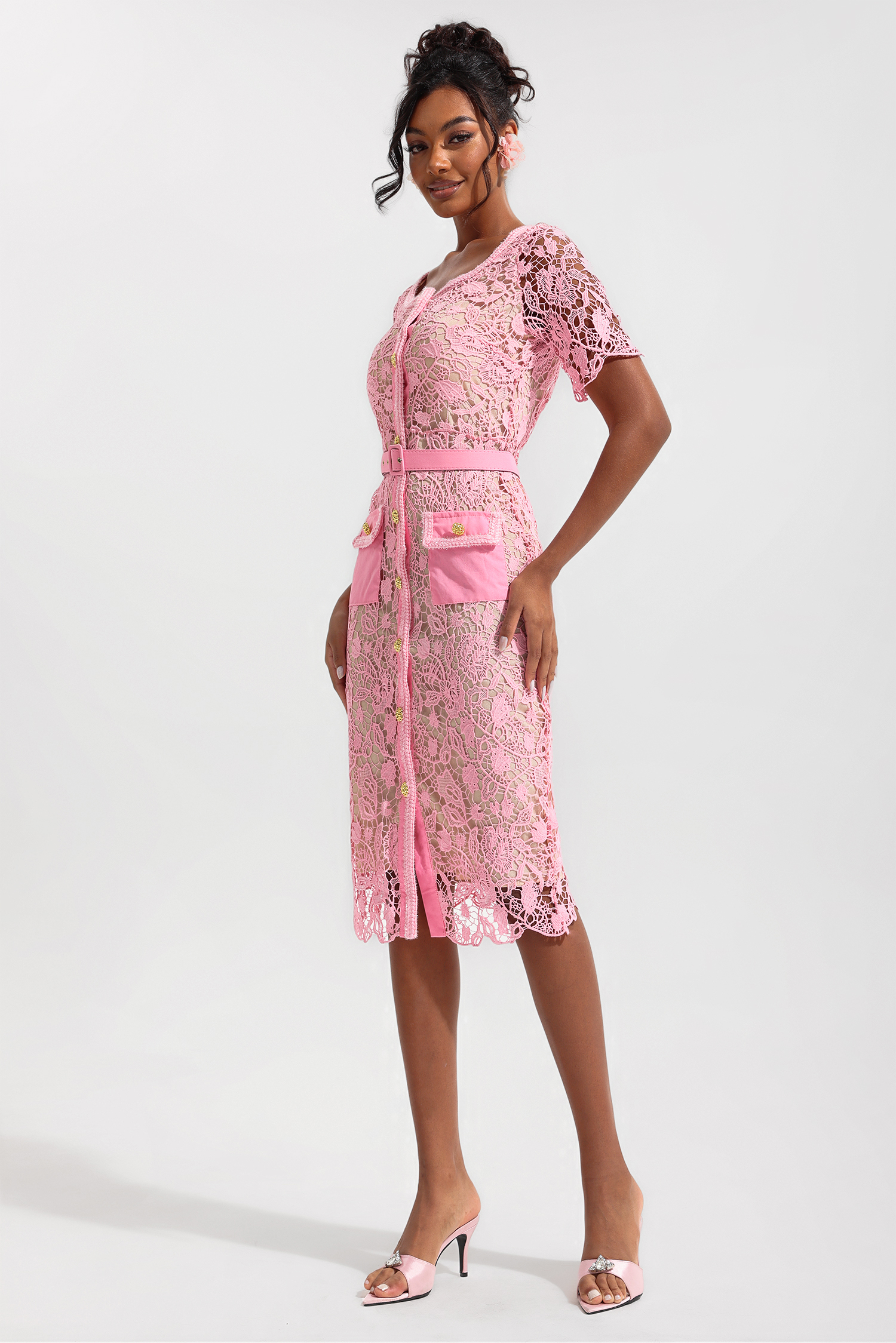 Lace Metal Bottom Round Neck Midi Dress