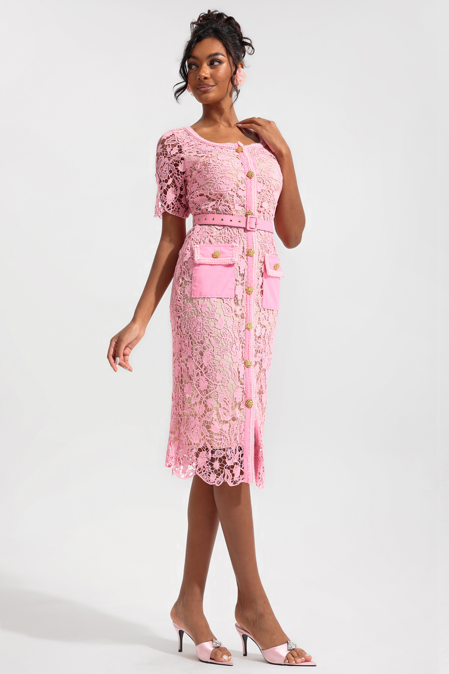 Lace Metal Bottom Round Neck Midi Dress