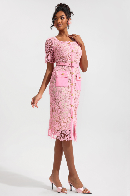 Lace Metal Bottom Round Neck Midi Dress