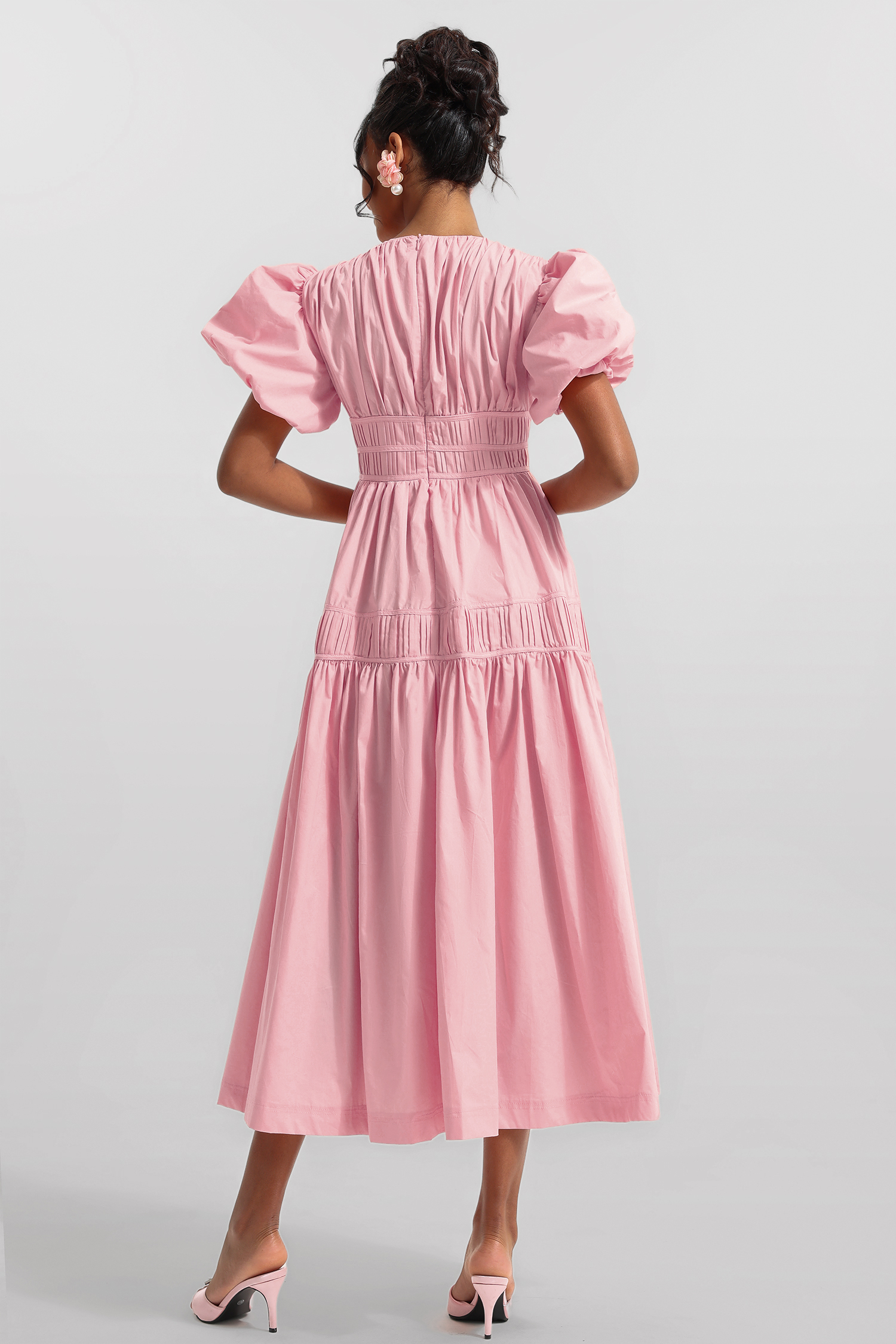 Solid V-Neck Puff Sleeve Midi Dress