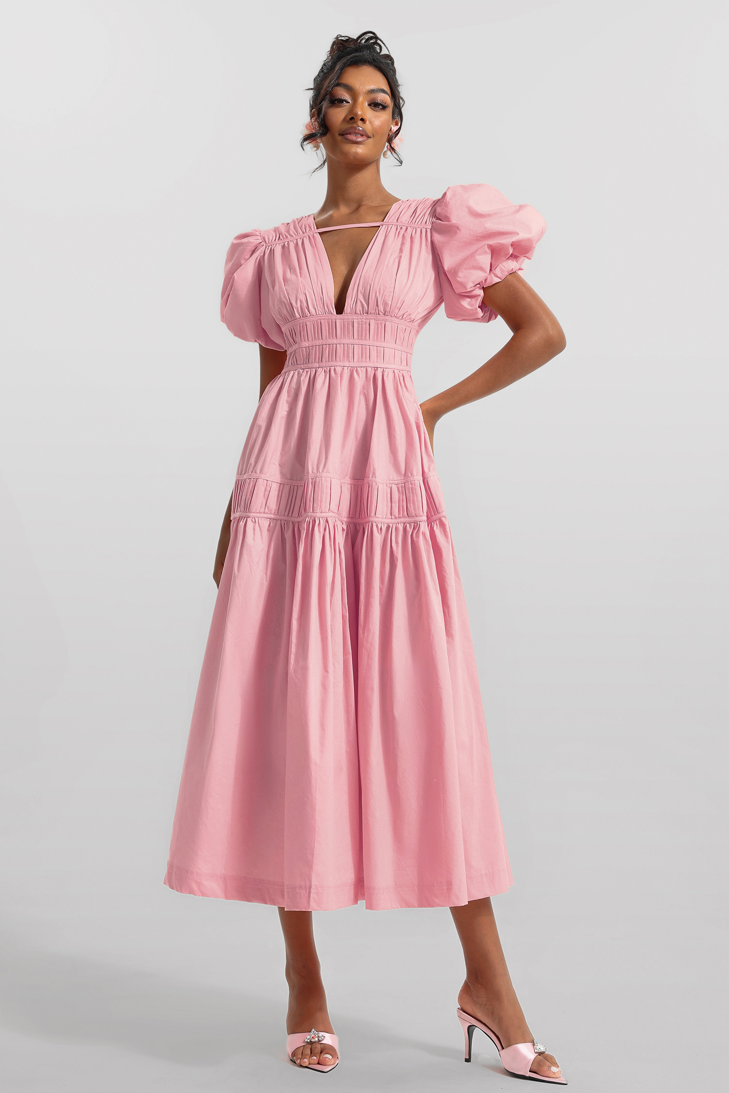 Solid V-Neck Puff Sleeve Midi Dress