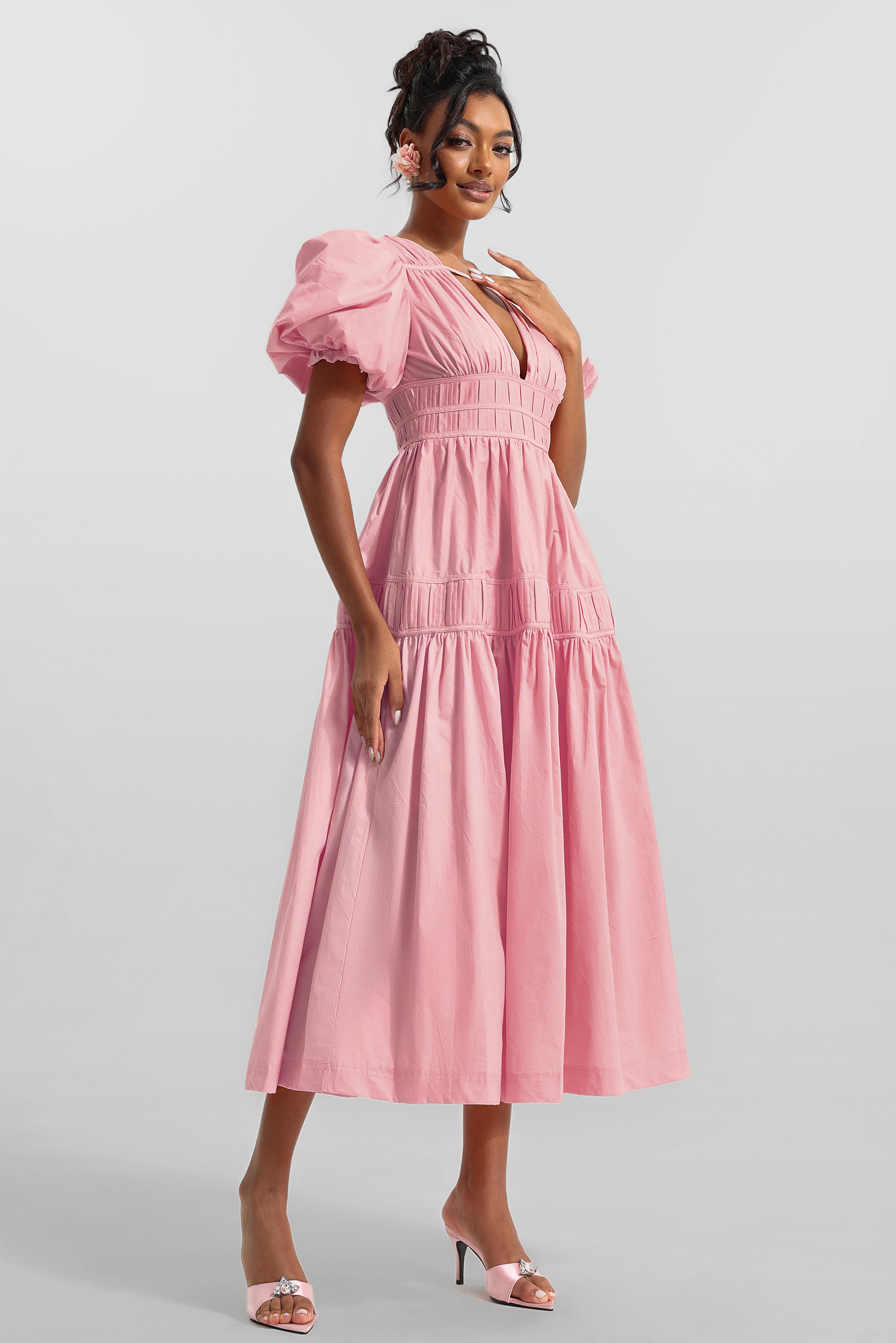 Solid V-Neck Puff Sleeve Midi Dress