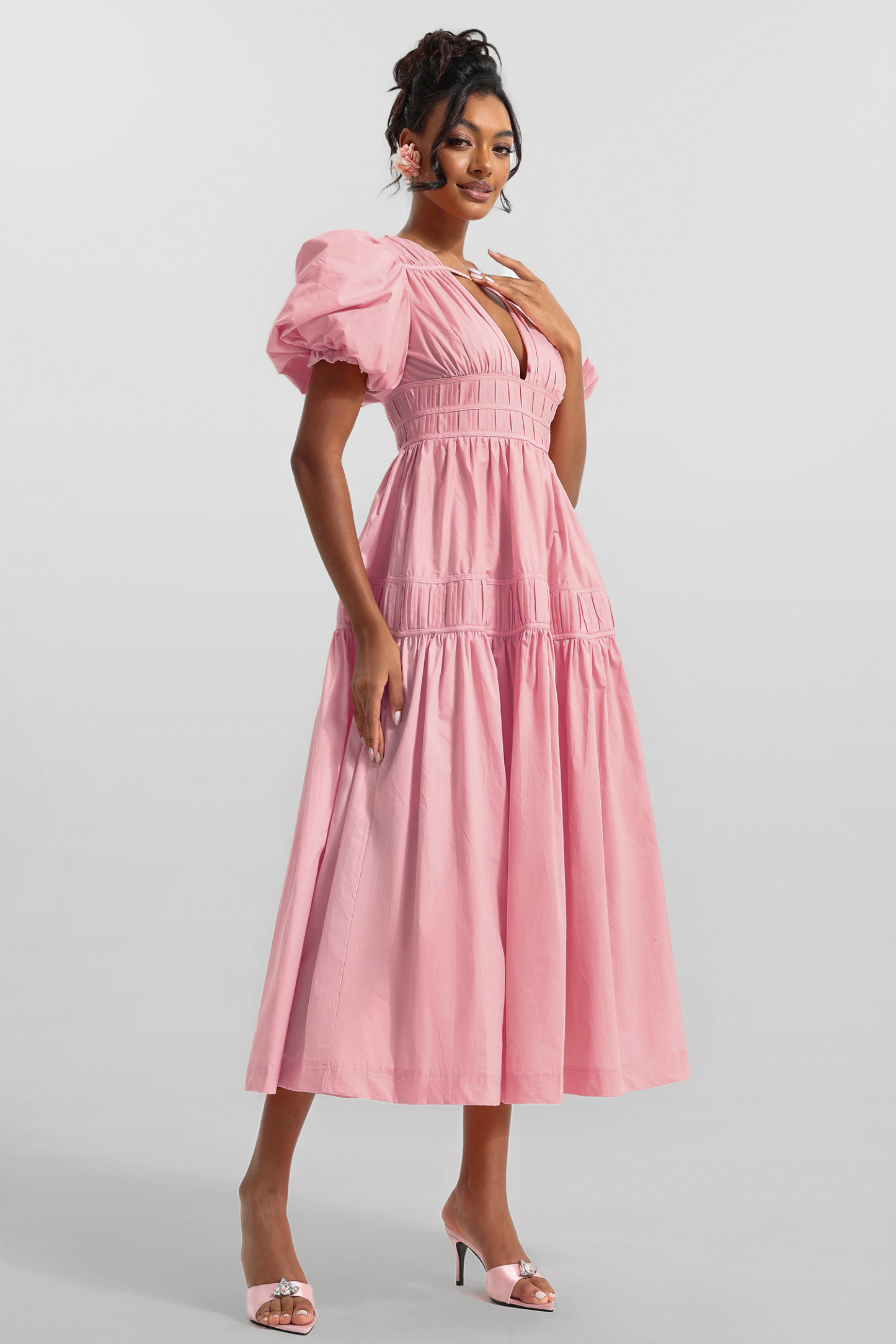 Solid V-Neck Puff Sleeve Midi Dress