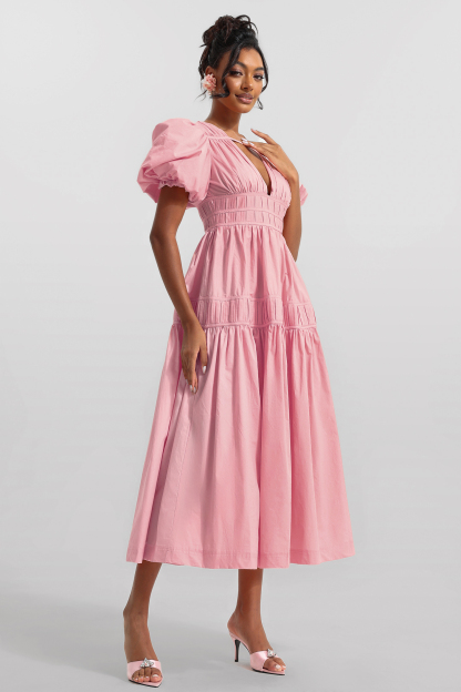 Solid V-Neck Puff Sleeve Midi Dress