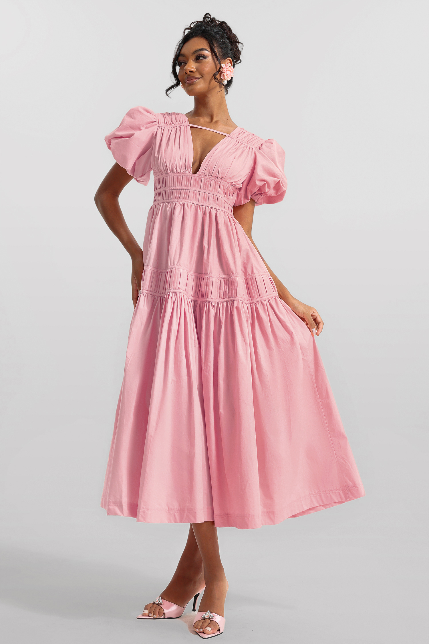 Solid V-Neck Puff Sleeve Midi Dress