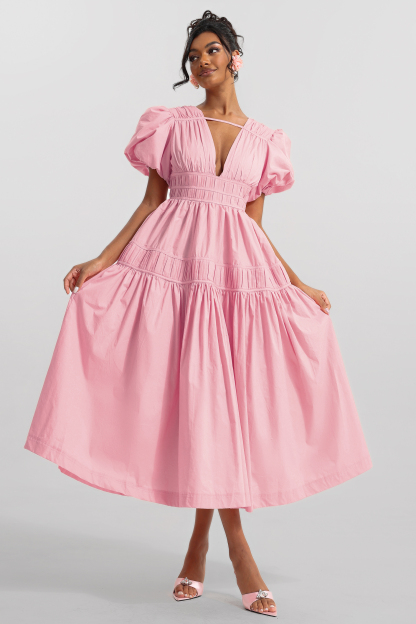 Solid V-Neck Puff Sleeve Midi Dress