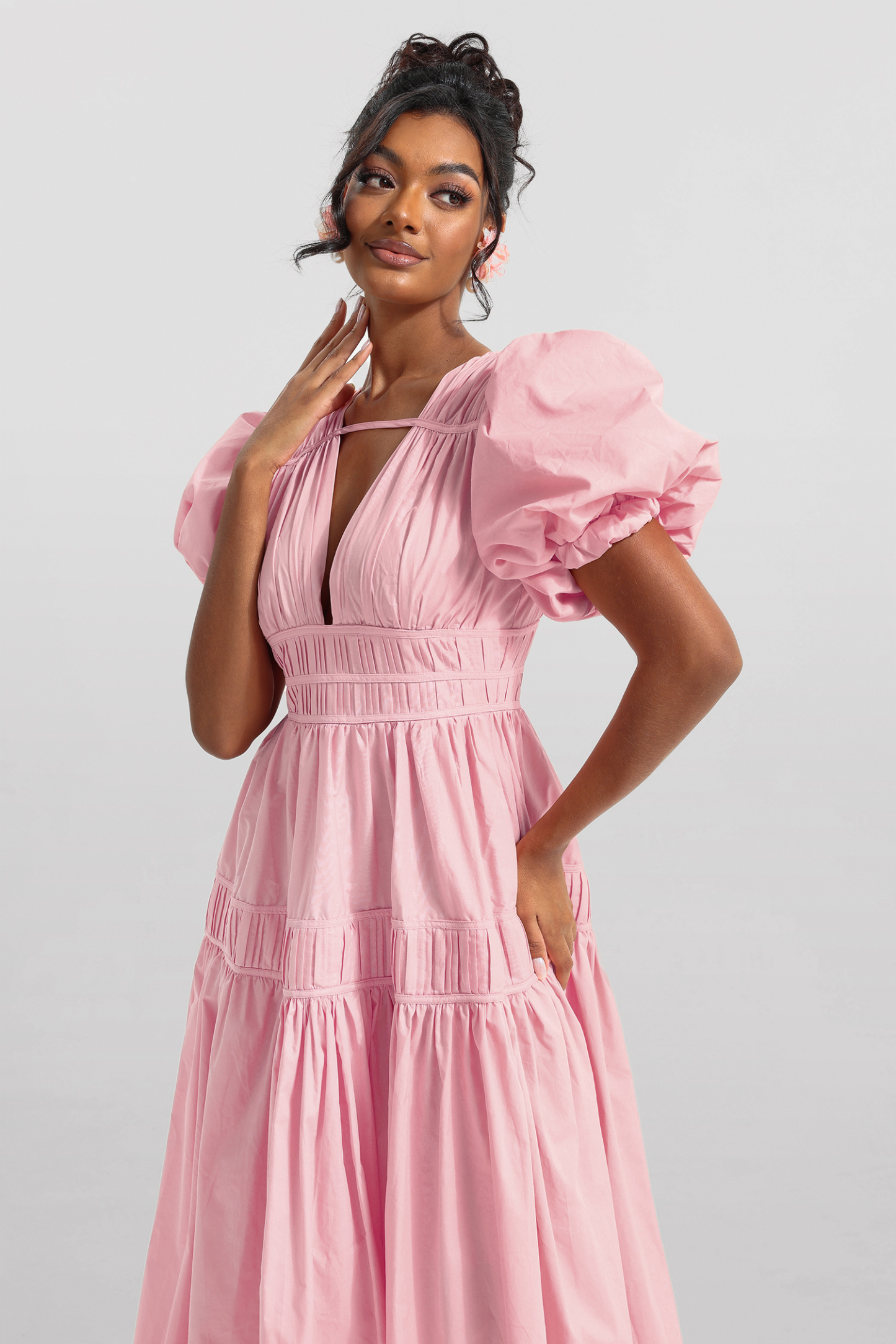 Solid V-Neck Puff Sleeve Midi Dress