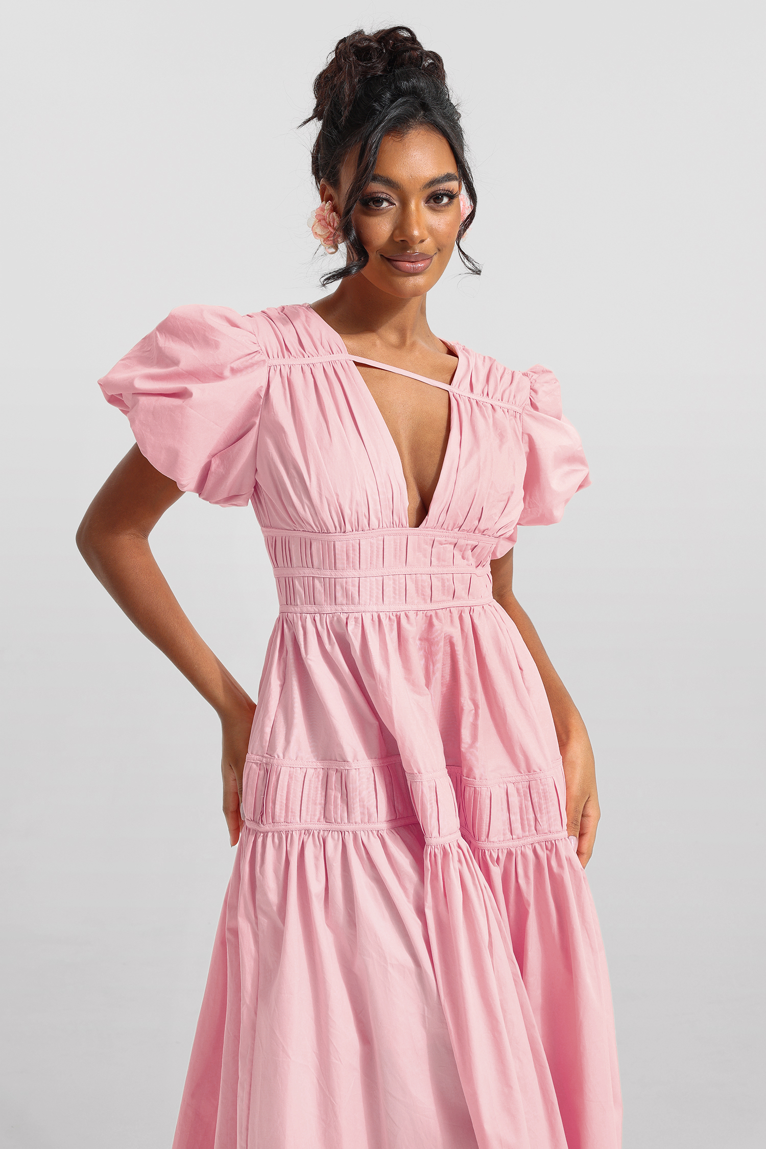 Solid V-Neck Puff Sleeve Midi Dress