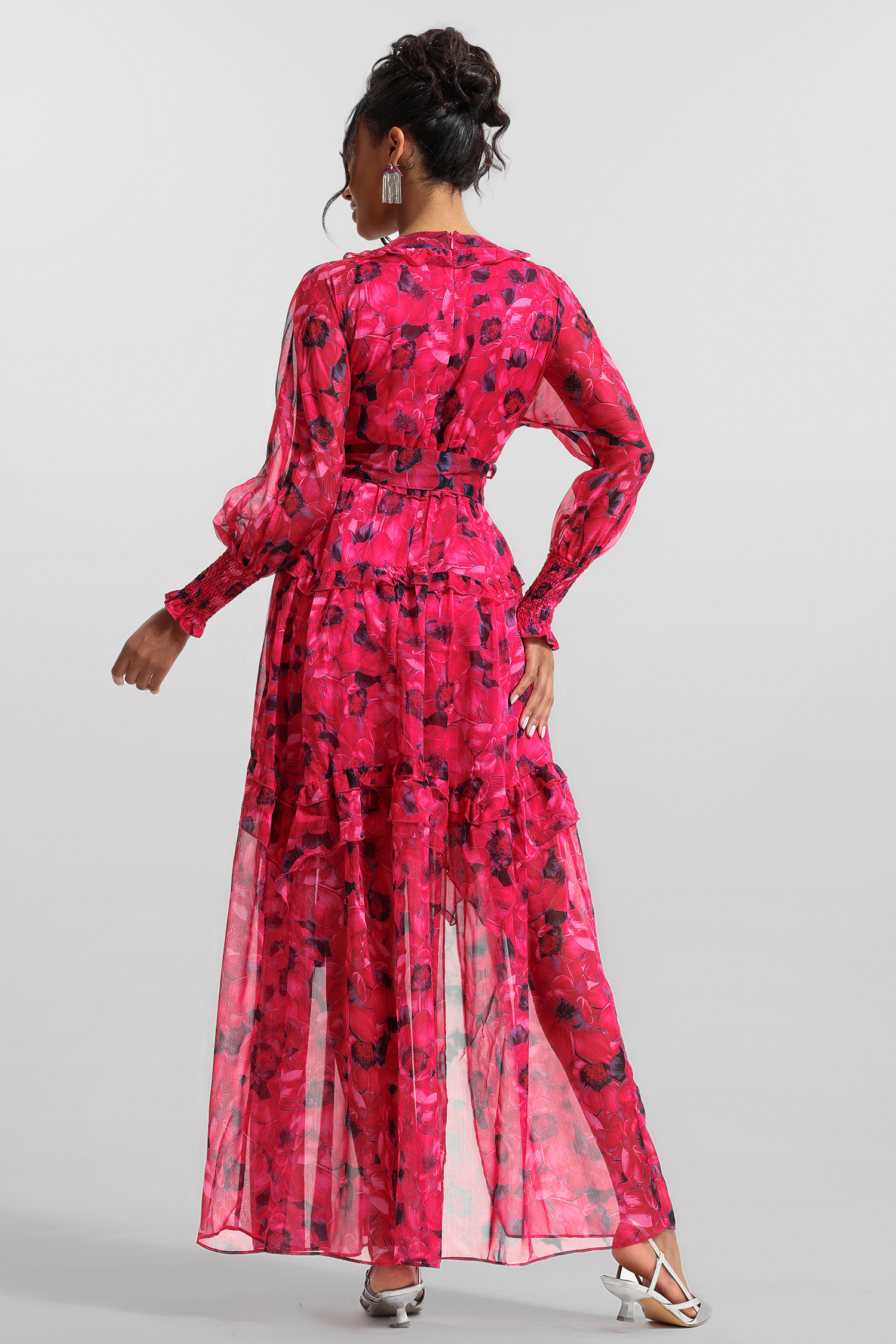 Floral Ruffle Lantern Sleeve Midi Dress