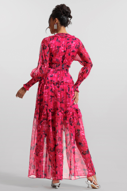 Floral Ruffle Lantern Sleeve Midi Dress