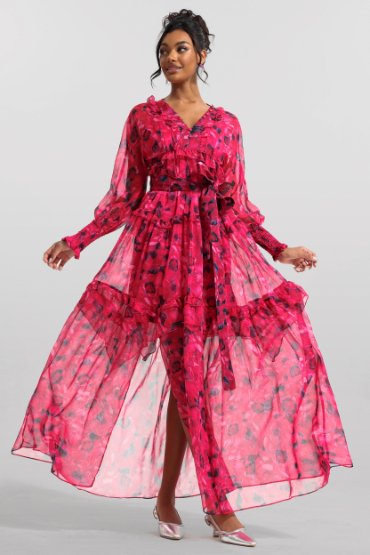 Floral Ruffle Lantern Sleeve Midi Dress
