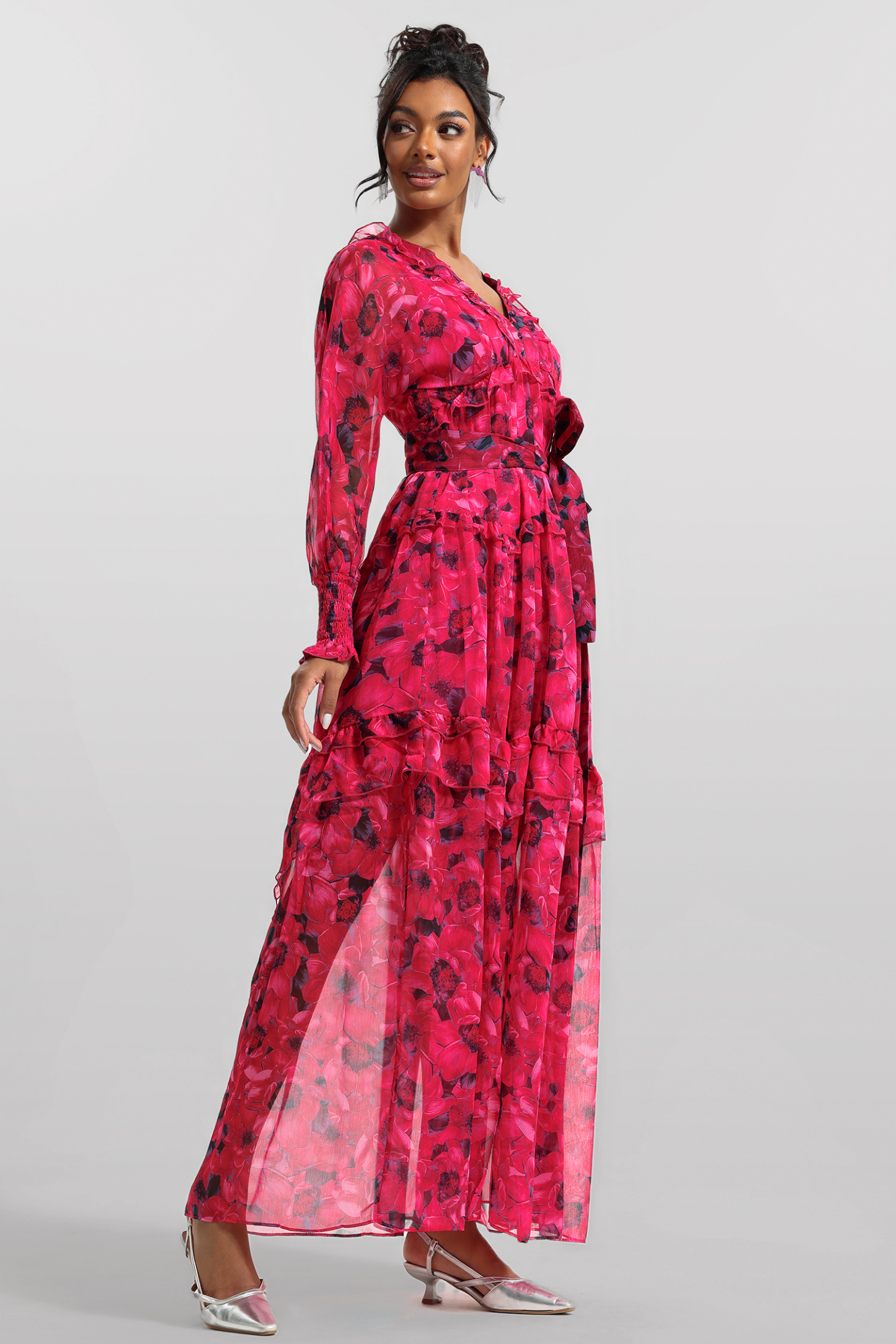 Floral Ruffle Lantern Sleeve Midi Dress