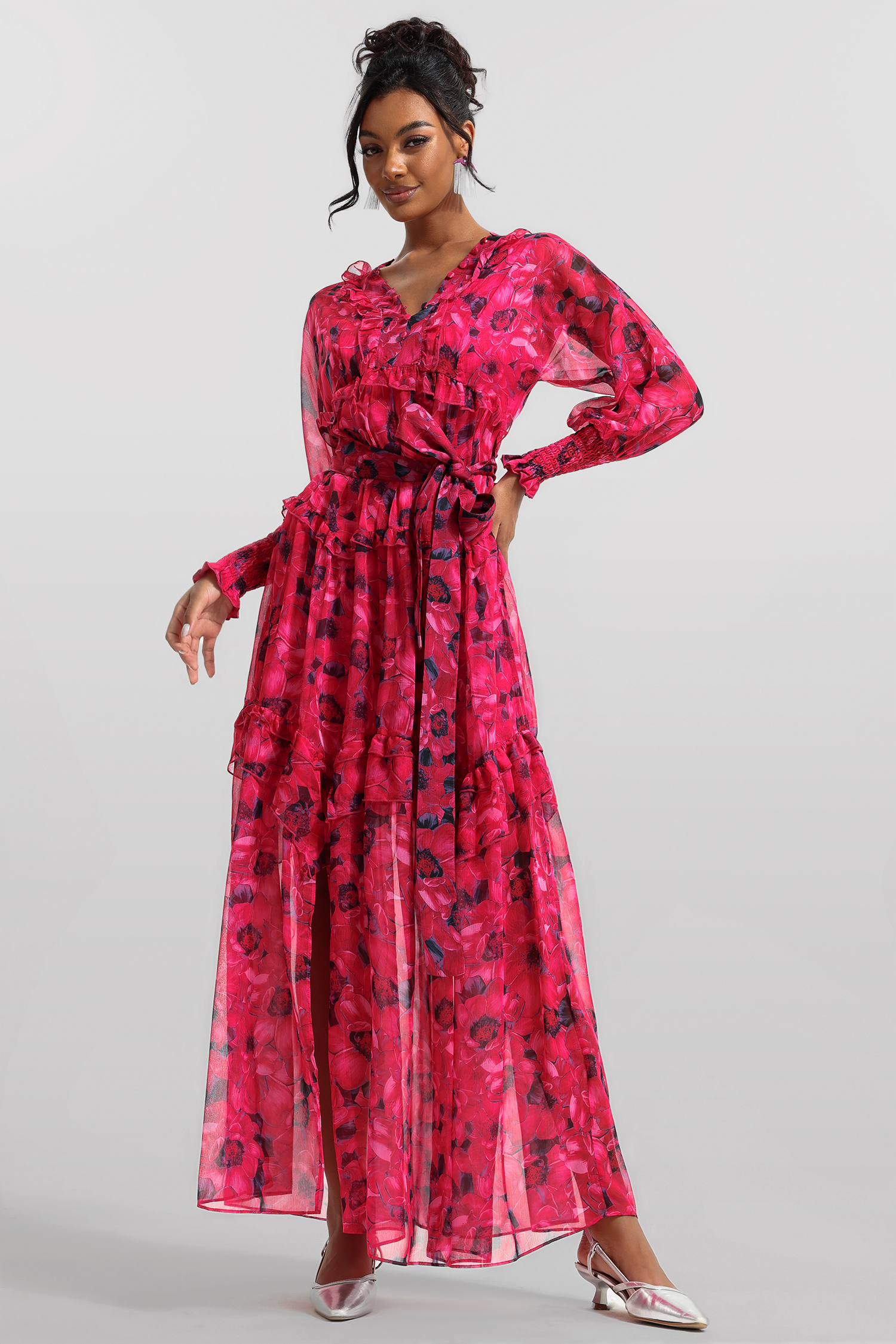 Floral Ruffle Lantern Sleeve Midi Dress