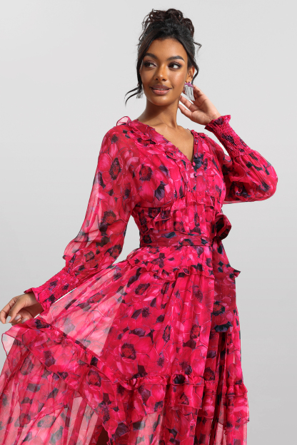 Floral Ruffle Lantern Sleeve Midi Dress