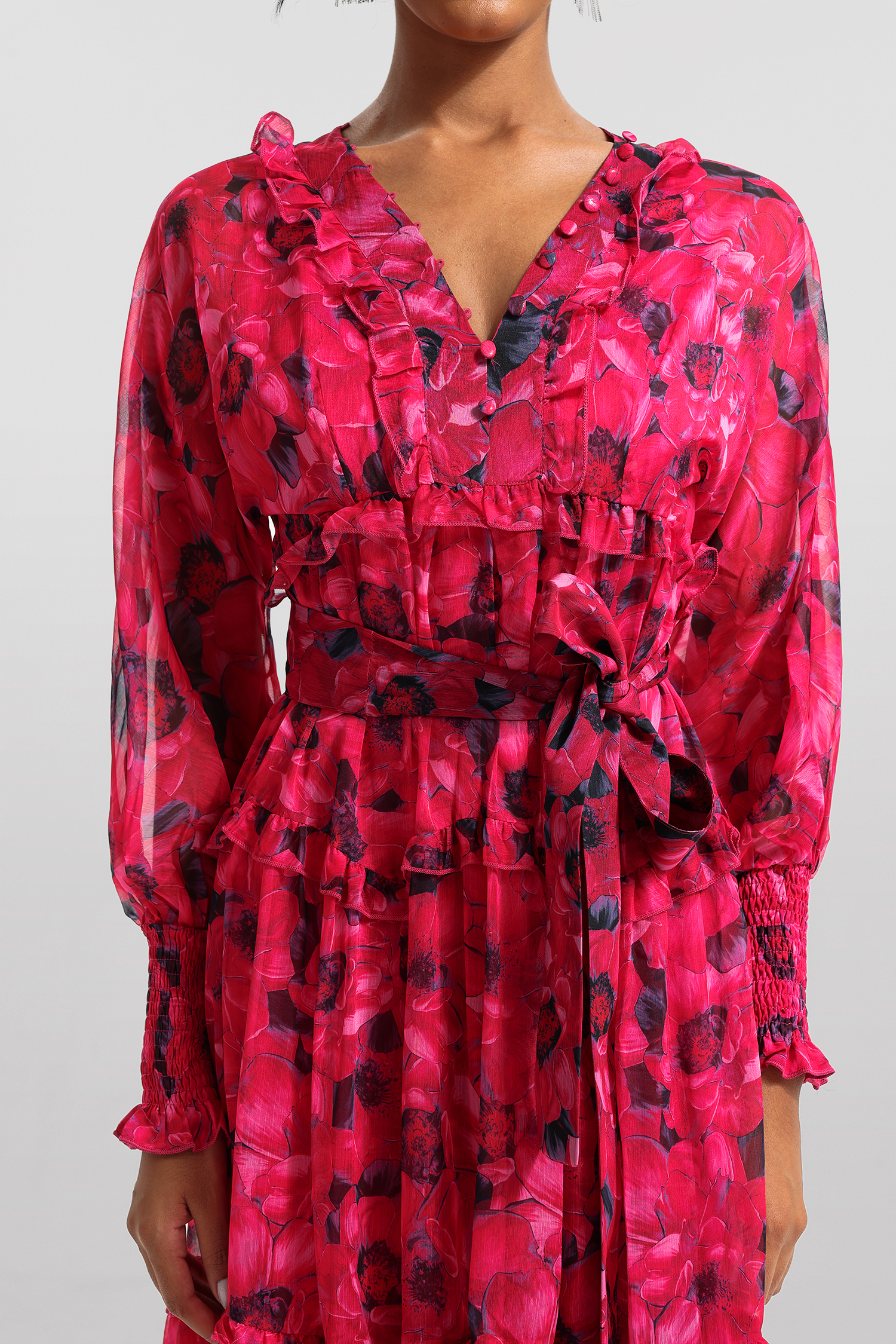 Floral Ruffle Lantern Sleeve Midi Dress