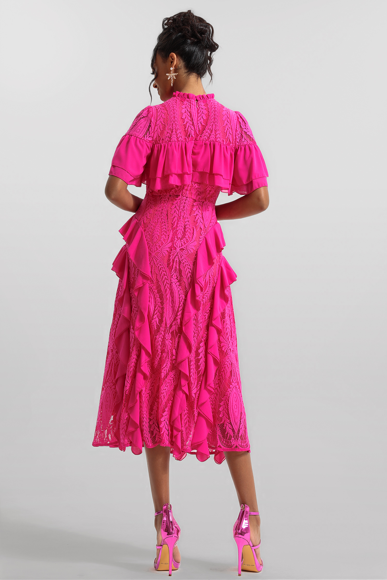 Solid Lace Frill Midi Dress