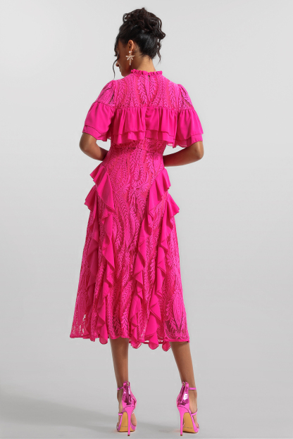 Solid Lace Frill Midi Dress
