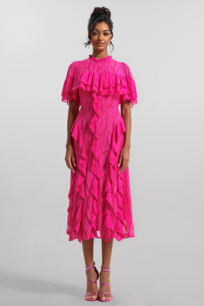 Solid Lace Frill Midi Dress