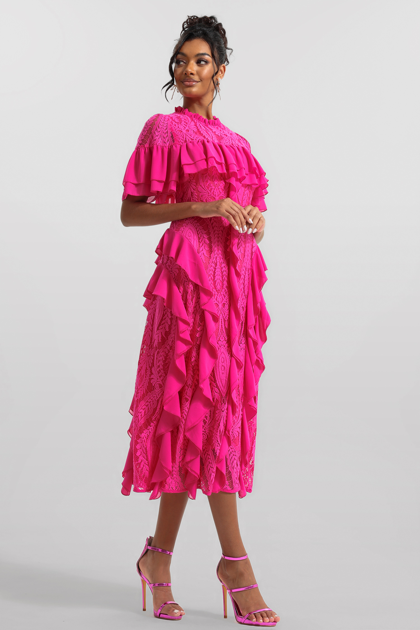 Solid Lace Frill Midi Dress