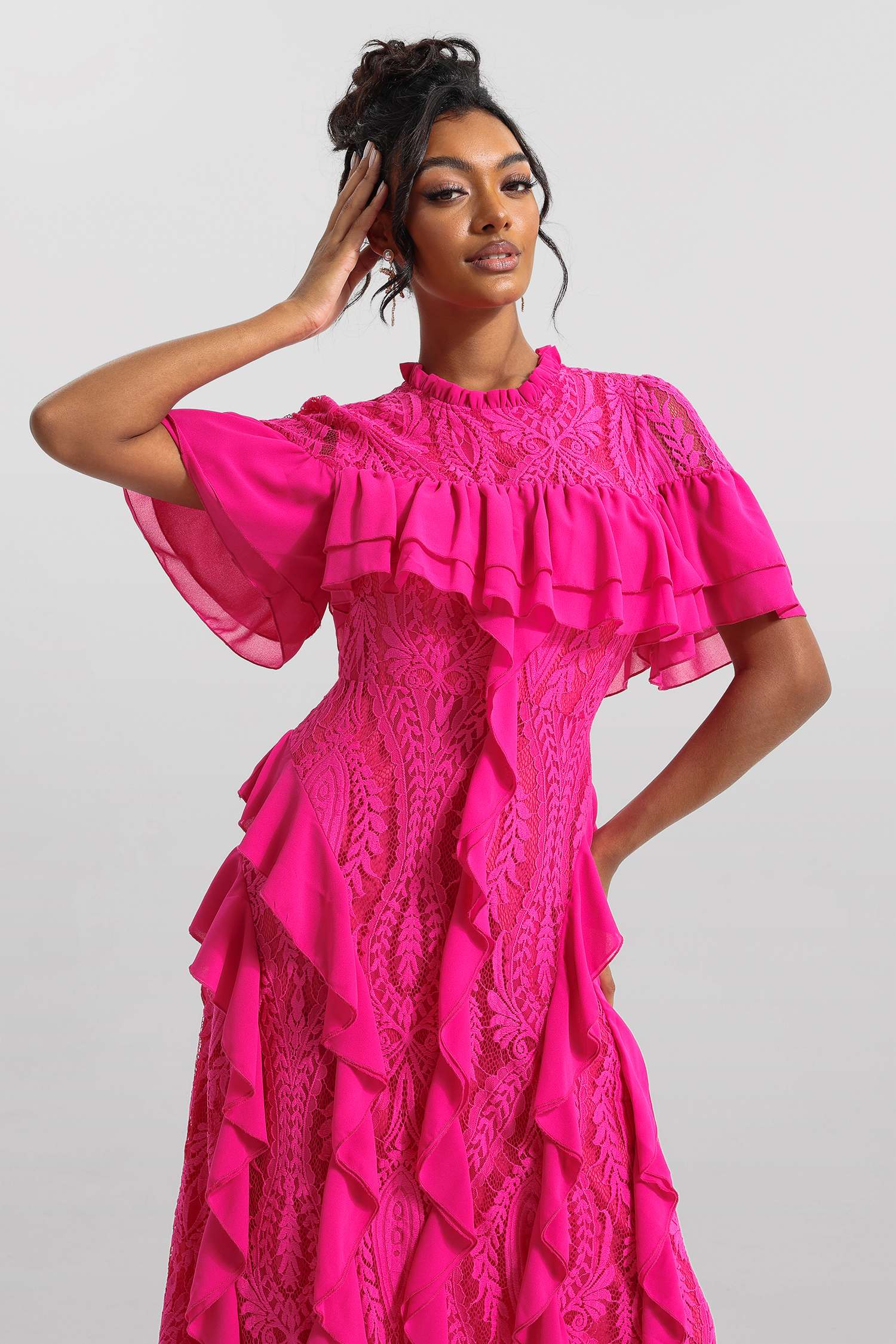 Solid Lace Frill Midi Dress