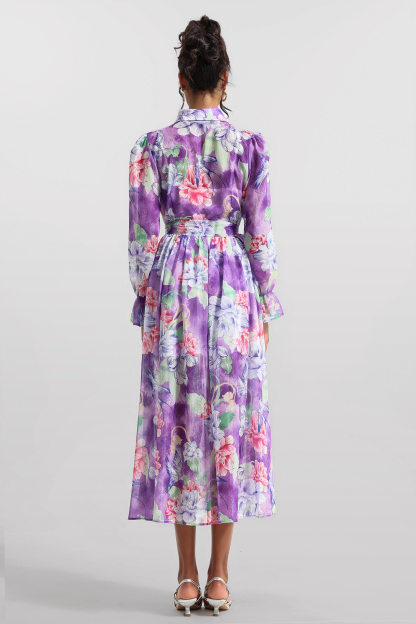 Floral Lantern Sleeve Lace-Up Midi Dress