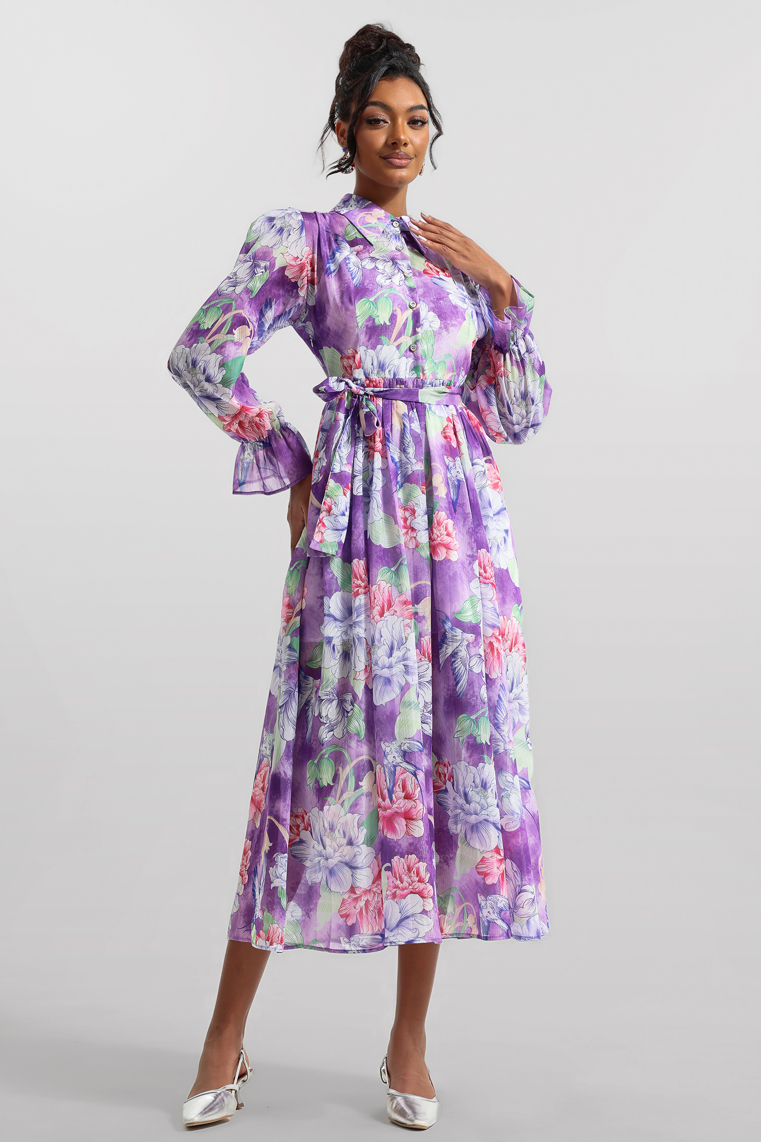 Floral Lantern Sleeve Lace-Up Midi Dress