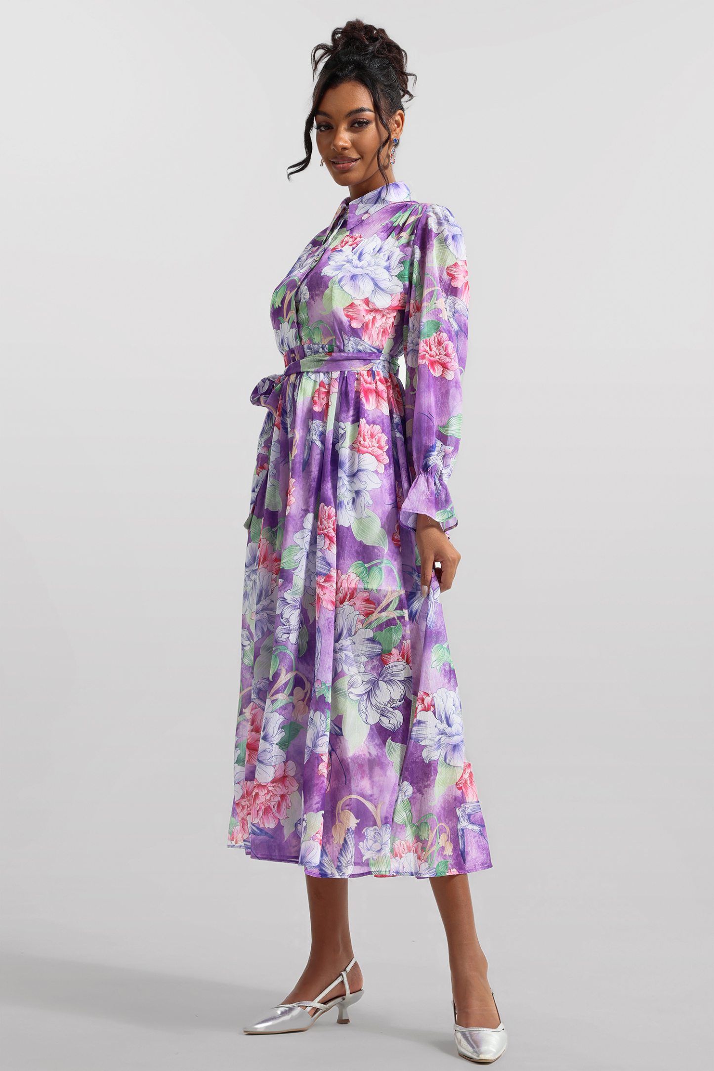 Floral Lantern Sleeve Lace-Up Midi Dress