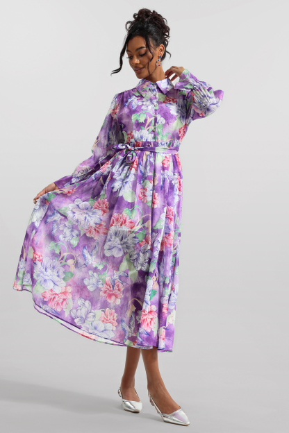 Floral Lantern Sleeve Lace-Up Midi Dress