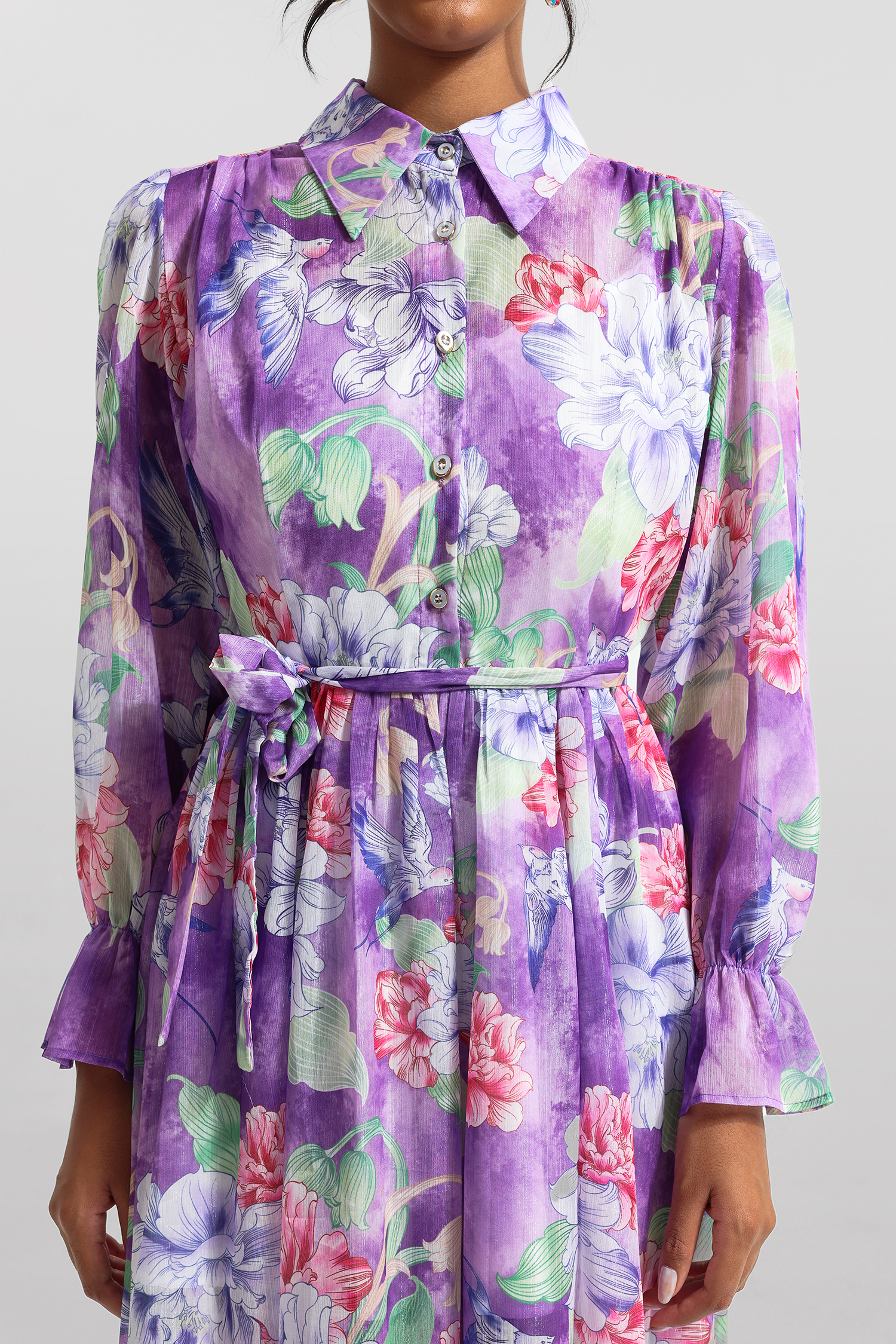 Floral Lantern Sleeve Lace-Up Midi Dress