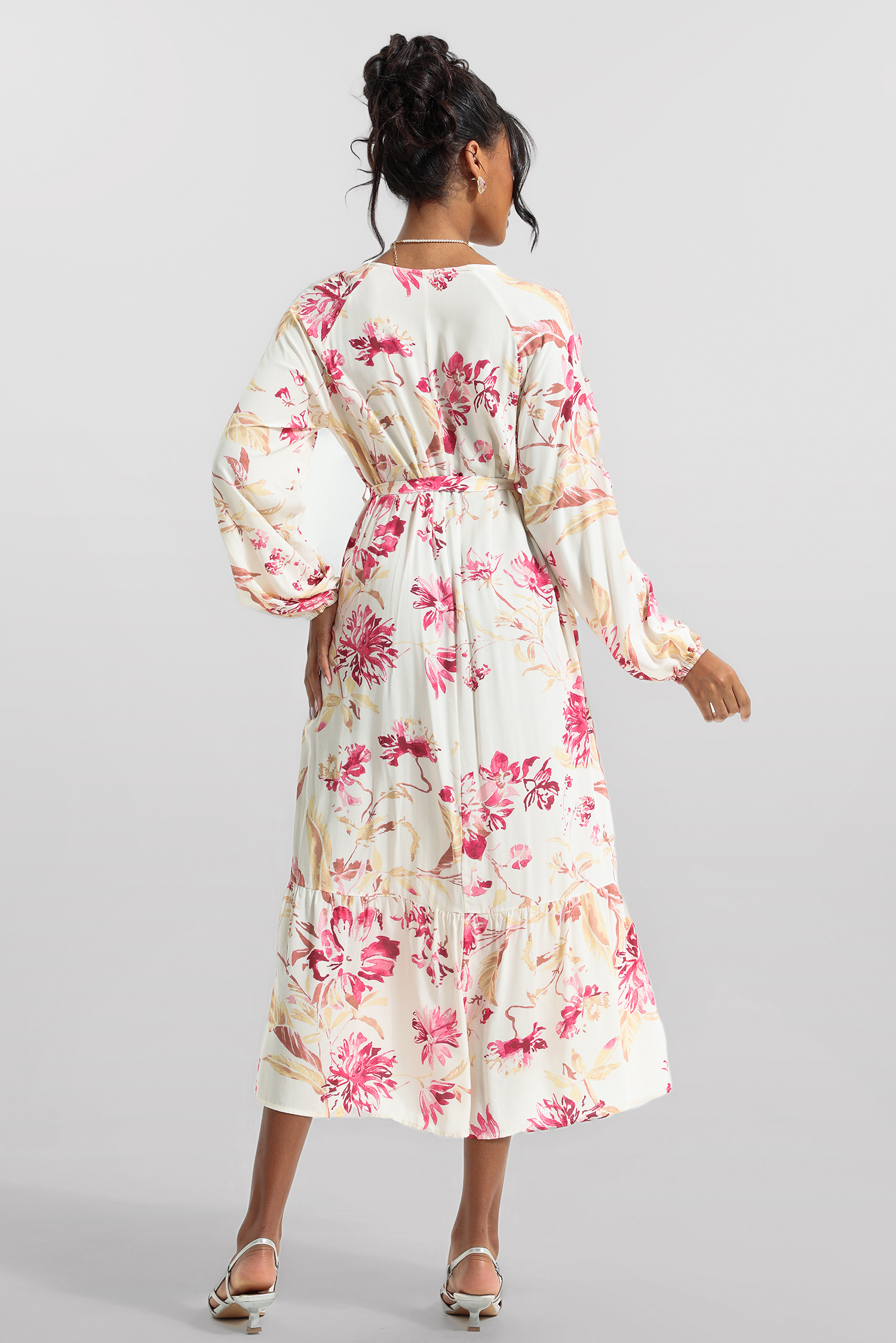 Floral V-Neck Long Sleeve Midi Dress With Belt