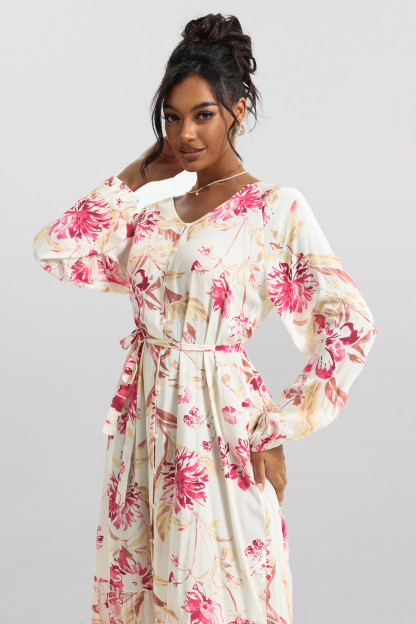 Floral V-Neck Long Sleeve Midi Dress With Belt