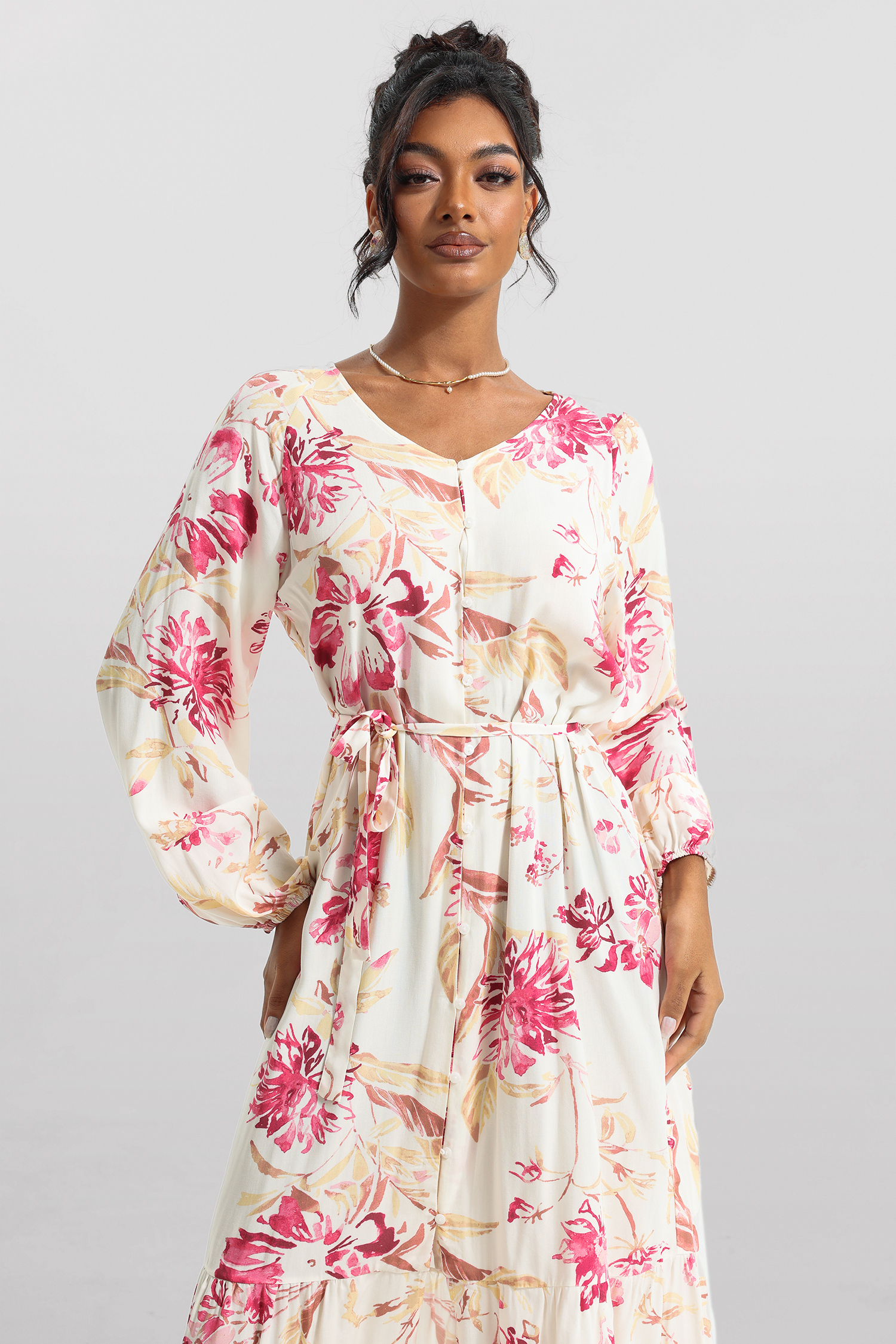 Floral V-Neck Long Sleeve Midi Dress With Belt