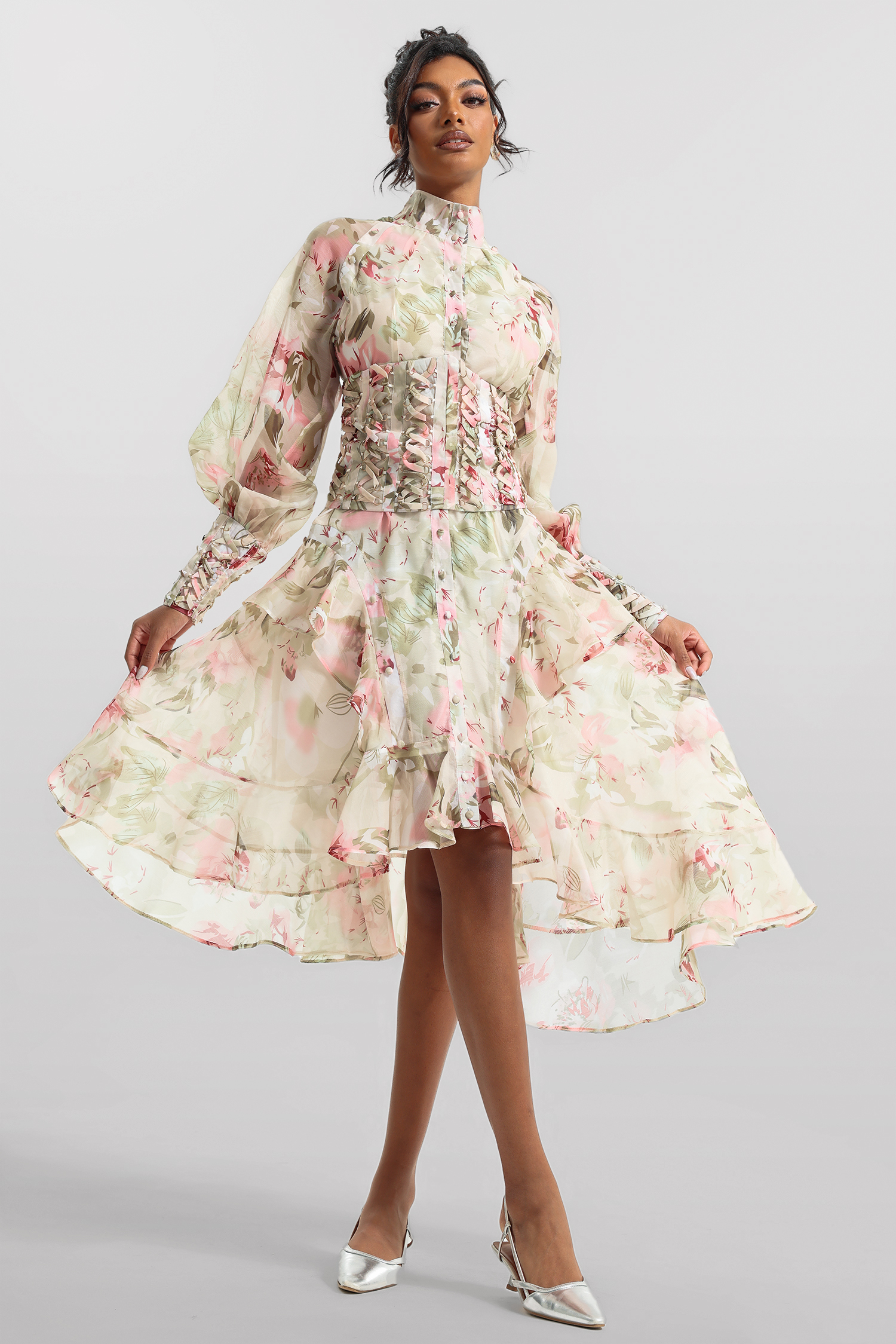 Printed Lantern Sleeve Stand Collar Mesh Midi Dress