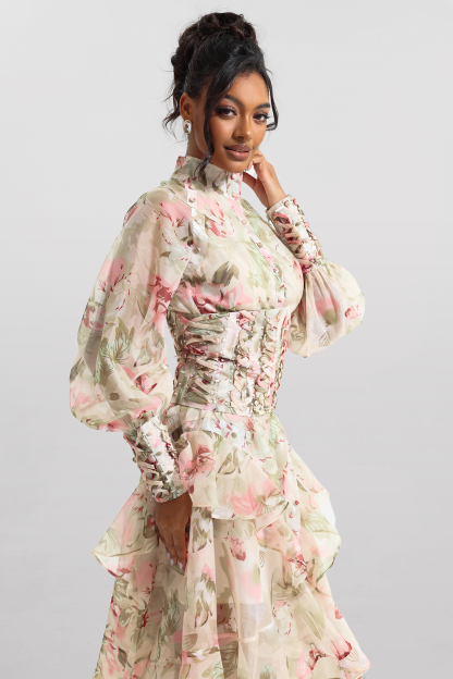 Printed Lantern Sleeve Stand Collar Mesh Midi Dress