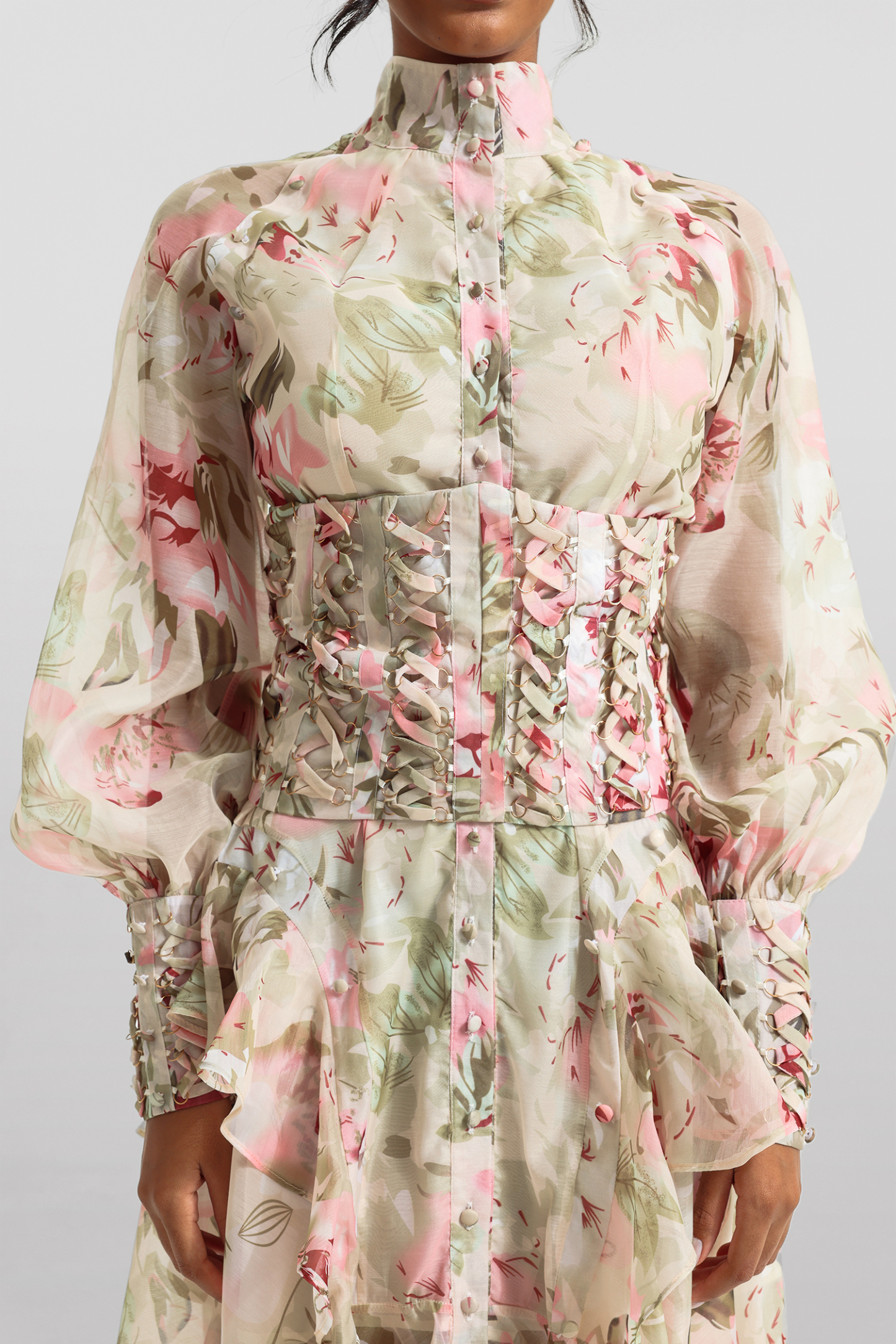 Printed Lantern Sleeve Stand Collar Mesh Midi Dress