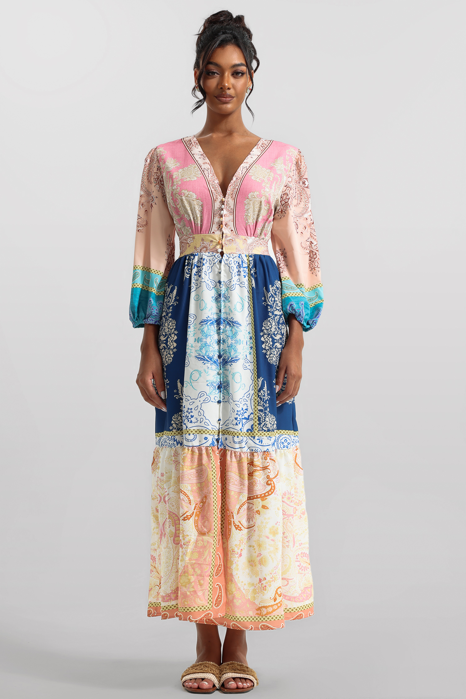 Paisley Print Puff Sleeve Midi Dress