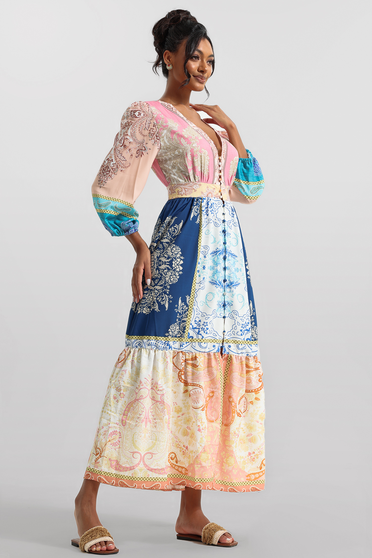 Paisley Print Puff Sleeve Midi Dress