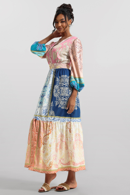 Paisley Print Puff Sleeve Midi Dress