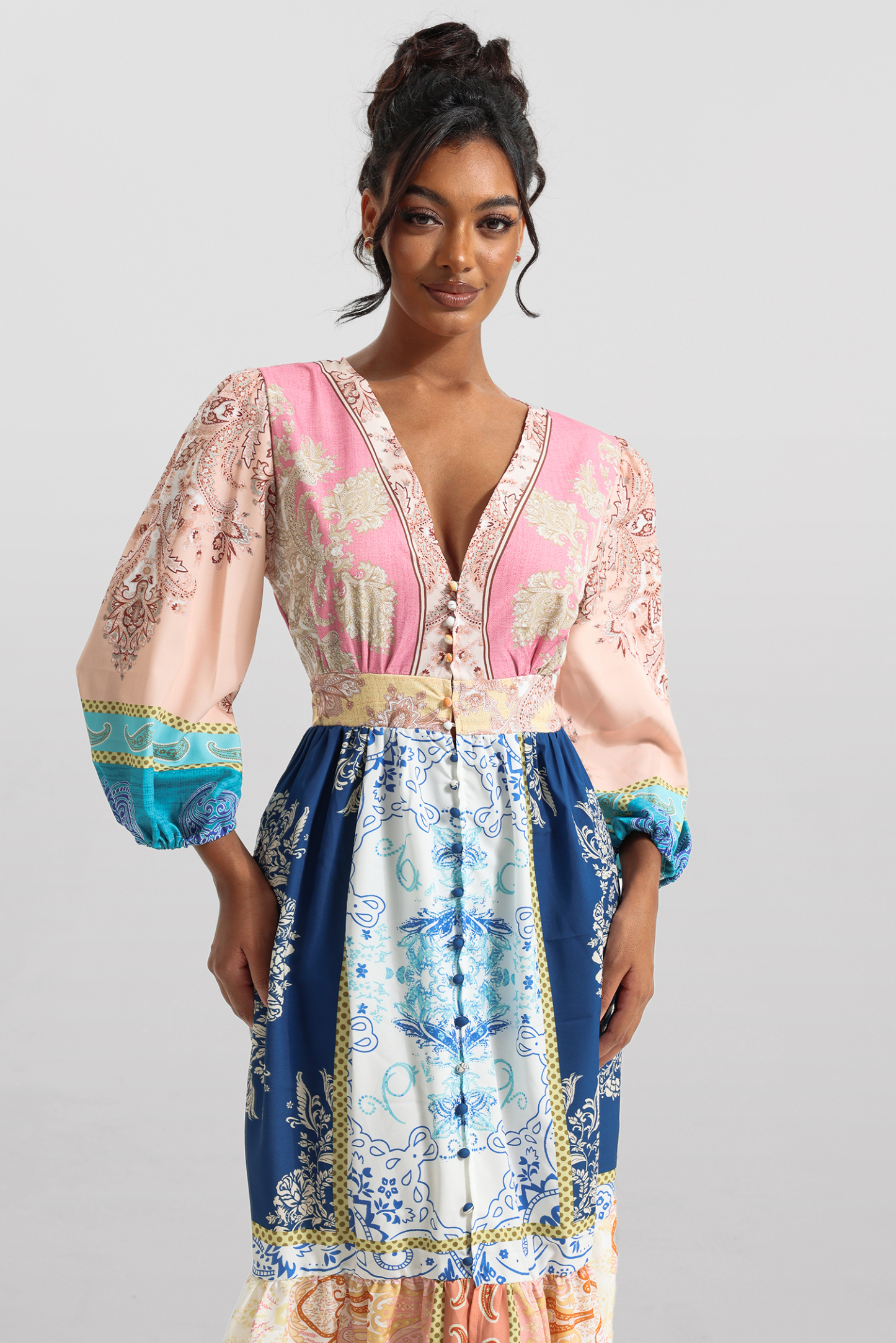 Paisley Print Puff Sleeve Midi Dress