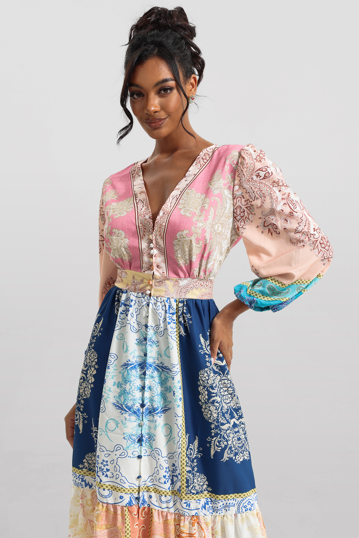 Paisley Print Puff Sleeve Midi Dress