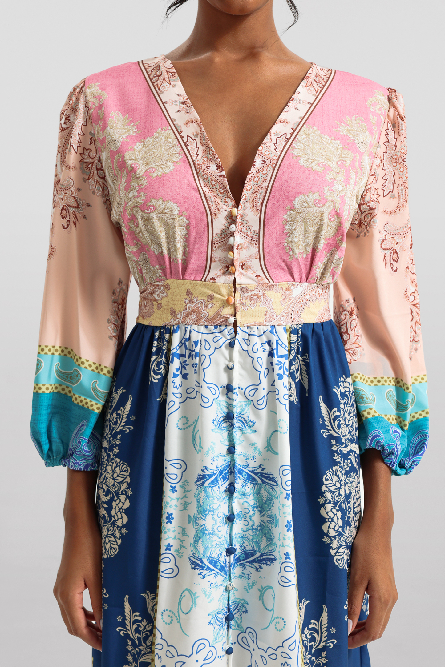 Paisley Print Puff Sleeve Midi Dress